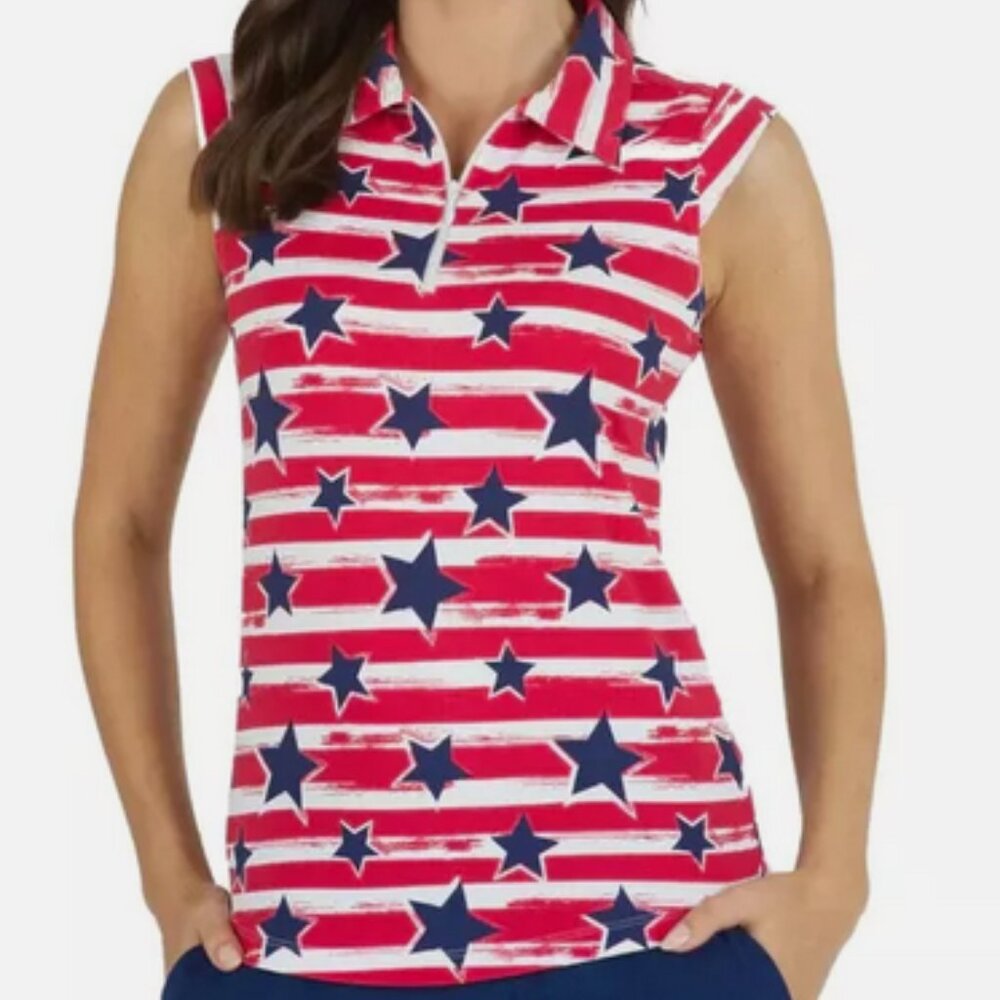 Ibkul Americana Sleeveless Zip Polo Top in Navy Red Stars Stripes USA NWT